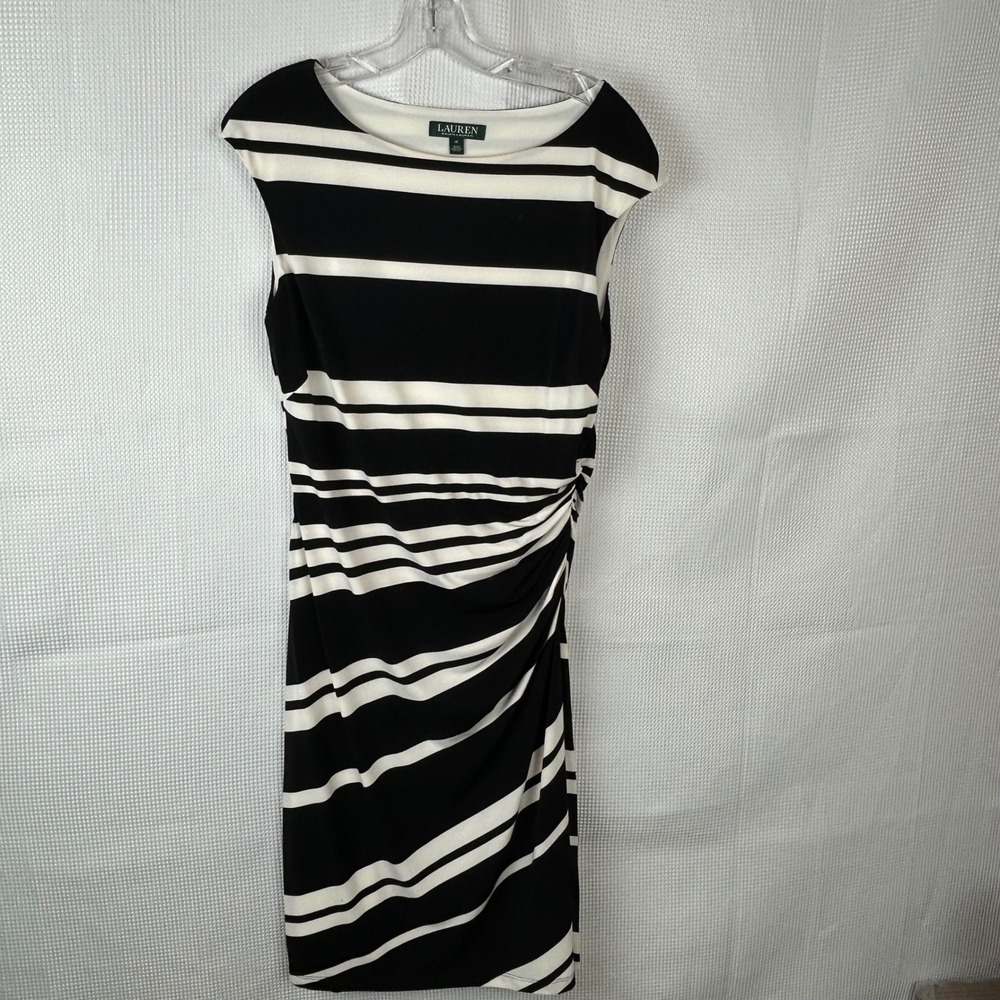 Lauren Ralph Lauren Black White Striped Ruched Sheath Dress Size 12 Cap Sleeve